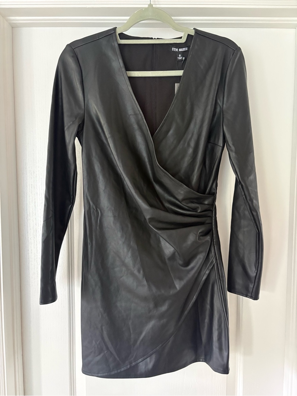 Steve Madden Black Faux-Leather Wrap-Style Long Sleeve Mini Dress